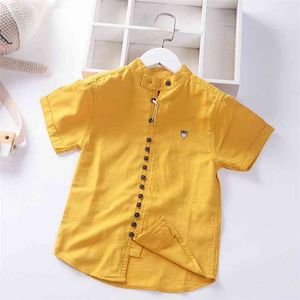 Bomullslinne Coolt tyg rakt inbyggt i tonåringar Boys Shirts Summer Casual Buttons Barnkläder 210713