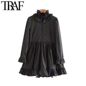 TRAF女性ヴィンテージ甘い水玉プリーツのミニドレスファッションフリル襟長袖の女性ドレスシックなvestidos mujer 210415