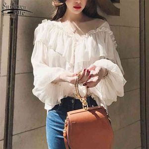 V-Neck Boho Mesh Bluzka Koszulki Kobiety Wzburzyć Flare Rękaw Eleganckie Peplum Topy Letnie Ruffles Przeglądaj przez Panie Sexy Blusas 13459 210427