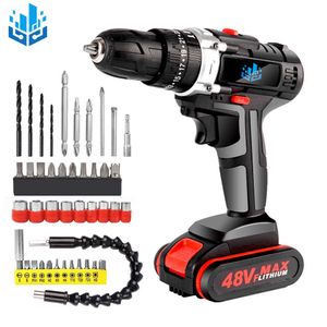 48VF Mini Electric Drill Impact Drill Cordless Drill Wrench Electric Screwdriver Set with LED 2 Speed+Battery For Home 210719