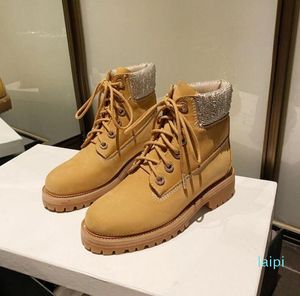 Designer- mode stövlar läder kvinnor fotled mode kristall plattform vinter skor kvinna kors rem kort boot footwear storlek 35-44