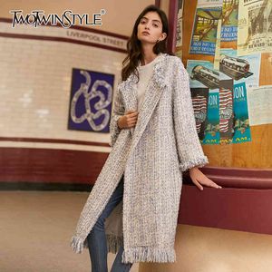 Patchwork Tassel Tweed Coat For Women V Neck Long Sleeve Casual Printed Thick Windbreaker Female Autumn 210524