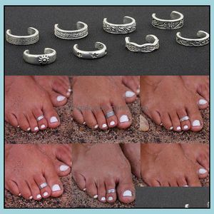 Toe Halkalar Vücut Takı 8 PCS Zarif Kadınlar 925 Sterling Sier Ring Ayağı Ayarlanabilir Plaj Şovu Retro Tarzı Takı Drop Teslimat