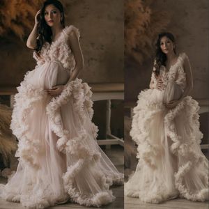 2023 Women Evening Dresses Wear Chic Champagne Tulle Kimono Robe for Photoshoot V Neck Prom Gowns African Cape Cloak Maternity Photography Overlay Sleepwear