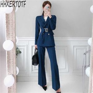 autumn winter Occupation Female Sets Korean Belt Women Pant Suit Double breasted Blazer Jacket + Office Wear Suits 210531