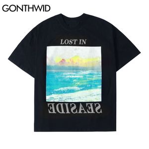 Magliette Harajuku Lost In Seaside Landscape Stampa Casual T-shirt in cotone Camicie Streetwear Hip Hop Manica corta Top larghi 210602