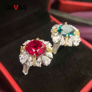 OEVAS Luksus 10 * 11mm Big Ruby Szmaragd Obrączki Dla Kobiet 925 Sterling Silver Sparking Full Aaaaa + Cyrkon Party Biżuteria Prezent