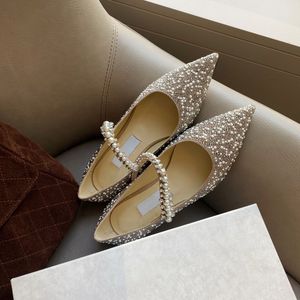 kvinnor Luxury Designers sko mary jane slip on Baily Ballet platta skor Gem-utsmyckade dubbade fotled Strass pärlstav pärla spetsiga tår Klänning Skor