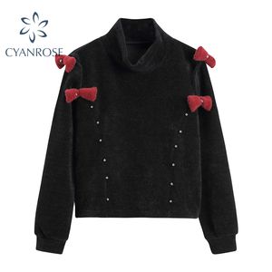 Макет шеи пуловер урожая свитер вязаные топы женщин лук кнопка дизайн ретро черный трикотаж женское свободное от плеча леди 210417