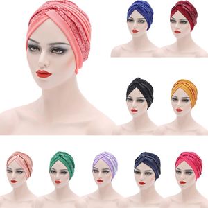 Afrikalı Sequins Türban Kapaklar Kadınlar Başörtüsü Hazır Zaten Yapılan Oto Gele Headtie Başkanı Wrap Müslüman Başörtüsü Bonnet Saç Döküldü Kapak