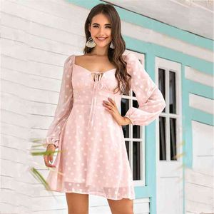 vinatge polka dot pink chiffon party dress sheer long sleeve lace up elegant short winter vestidos de fiesta 210427