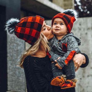 Winter Warm Fur Cap Parent-child Plaid Stretch Soft Knitted Hat Woman Fashion Red Christmas Warm Child Hat Y21111