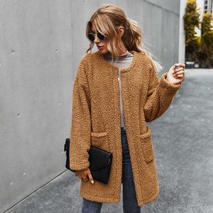 Cardigan Plush Jackor Kvinnor Höst Vinter O Neck Långärmad Loose Ladies Jacket Coats Warm Fickor Teddy Faux Fur Outwear 210526