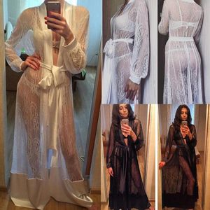 Mulheres Sleepwear Mulheres Sexy Lingerie Laço Floral Sheer Longo Robe Catin Belt Manga Nightwear Vestido