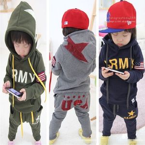 Army USA Jungen Sportanzüge Herbst Frühling Baumwolle Marinegrün Kinder Kleidung Sets Kapuzenpullover Hosenanzug Mädchen Trainingsanzug Star 210413