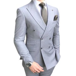 Podwójne breasted Slim Fit Men Garnitury Dla Groomsmen 2 Sztuka Smokingu Ślubne Z Szczyt Lapel Light Gray Custom Męski Moda Ubrania X0909