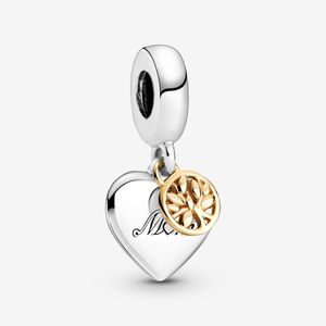 100% 925 Sterling Silver Two-Tone Family Tree Heart Dangle Charms Fit Original European Charm Bracelet Mode Kvinnor Bröllop Förlovning Smycken Tillbehör