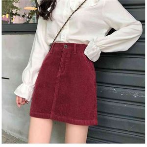 Vintage Wine Red Black Corduroy Skirt Women Slim High Waist A-line Ladies sexy Hip Mini Elegant Saia Midi Jupe Femme 210421