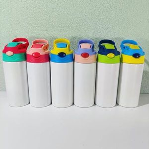 12oz Sublimação Reta Kids Tumbler Sippy Copo Crianças Garrafa de Água Em Branco Branco Aço Inoxidável Isolado Estudante Beber Copo 6 Cores