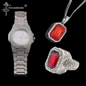 Holshorloges Luxe Mannen Goud Zilver Horloge Rode Ruby Ring Combo Set Ice Out Cuban Diamond Hip Hop Sieraden Voor
