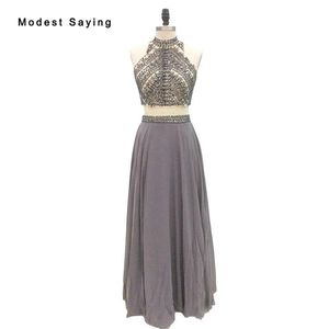 Party Dresses Real Po Sexy Grey Beaded Piece Prom Dress With Rhinestone Formal Women Crop Top Gowns Vestido De Formatura