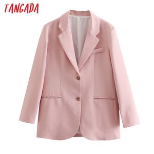 Women Solid Pink Blazer Coat Vintage Notched Collar Pocket Fashion Female Casual Chic Tops QJ135 210416