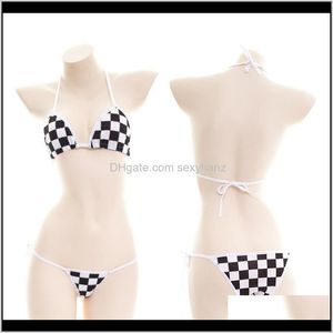 Bras Sets Kawaii Women Triangle Cup Bra Black White Mosaic Print Halter Neck Micro Bikini Set Sleepwear Japanese Lolita Sexy Lingerie Qzwyk