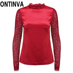 Gümrükleme Artı Boyutu Şarap Kırmızı Renk Dantel Bluz Tops Ofis Bayanlar Retro Vintage XXL 4XL Gömlek Patchwork Lacy Blusas 210527