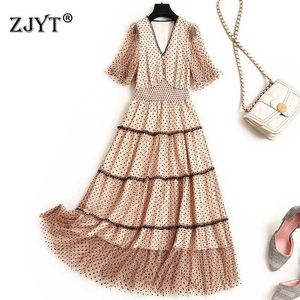 Fashion Runway Summer Designers Short Sleeve Polka Dot Midi Mesh Dress Women Elegant Party Robe Festa 210601