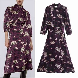 Purple Floral Print Midi Dress Women Pleated High Neck Vintage Elegant Woman Back Opening Party es 210519