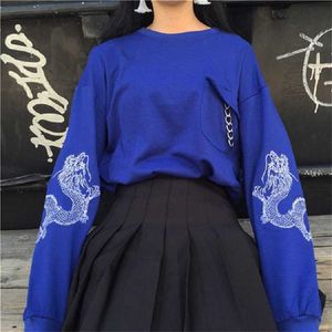 Jesień damska bluza Korea Ulzzang Casual Harajuku Pierścień Dragon Haft Luźne Długoszechowe Topy Hip-Hop Bluza 210608