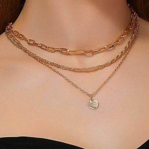 Anhänger Halsketten Vintage 3-schichtige Herz Halskette Gold Farbe Kette Halsband für Frauen Schmuck Anhänger Colar Kolye Colares