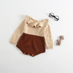 Varejo Primavera Outono Bebê Meninas Bodysuits Peter Pan Collar de Algodão Algodão Manga Longa Jumpsuits 0-3Y E71057 210610