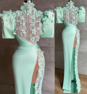 Mint Green High Neck Evening Dresses with Sleeve 3D Floral Sexy Slit Mermaid African Aso Ebi Prom Reception Celebrity Dress Wear