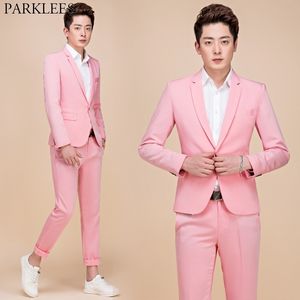 Mäns 2 stycken rosa kostymer (jacka + byxor) Märke Slim Fit One Button Bröllop Brudgummen Tuxedo kostymer med byxor Terno Masculino 210522