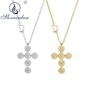 Slovecabin Sterling Silver Long Chain D Leter Cross Flowers Pendant Necklace With Clear CZ Korea Women Luxury Brand Jewelry