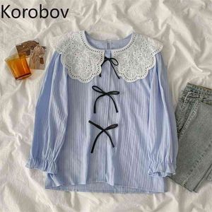 Korobov Kvinnor Blusar Ny Ankomst Bow Peter Pan Collar Kvinnor Koreansk Söt Chic Långärmad Blusas Mujer 210430