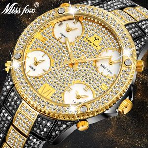 Zegarek Missfox mm duży duży tarcza luksusowy zegarek Men Diamond Accented Case z kwarcowym movt analogowy nadgarstek Male Gold Business