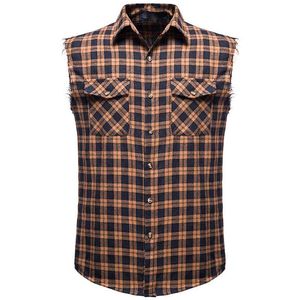 Brown plaid skjortor män sommar märke casual ärmlös mens skjorta dubbel cowboy pocket camisas andas oversize vest 210524