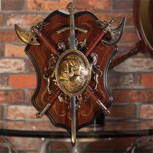 Ancient Roman Sparta Shield Sword Wall Decor Antique with Armor Medieval Axe Lion Ornament Crafts KTV Bar Hanging 211108