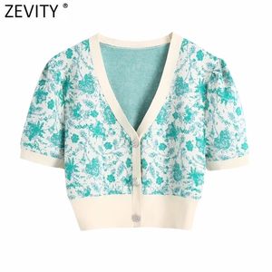 ZEVITY Kadın Moda V Boyun Çiçek Baskı Jakarlı Kısa Örme Kazak Kadın Chic Puf Kol Hırka Kırpma SW837 Tops 210806