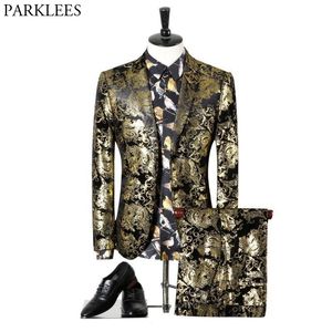 Luxo Paisley Paisley Floral Steampunk 2 Peças Terno Conjunto Homens Casamento Casamento Prom Ternos com Calças Mens Slim Fit Dois Botão Traje Botão Homme 210522