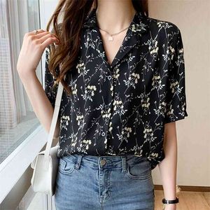 Printed Floral Blouse Women Summer Short Sleeve Loose Large Size Top Shirts Female Fashion Black Tops Shirats 210601