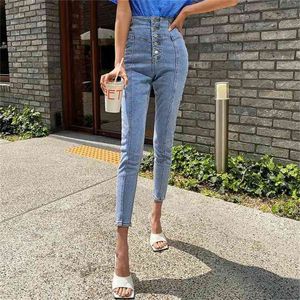 Shijia Single-Breasted Streetwear Wysoka talia Kobiety Dżinsy Spodnie Kobieta Ołówek Niebieski Jesień Denim Skinny Spodnie 210708