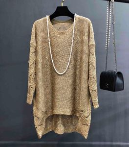 Qooth Shinny Lurex Tröja Kvinnor Rund Neck Long Jumper Casual Sticka Pull Femme Pullover Bling Hollow Out Sequin Sweater QH2175 210518