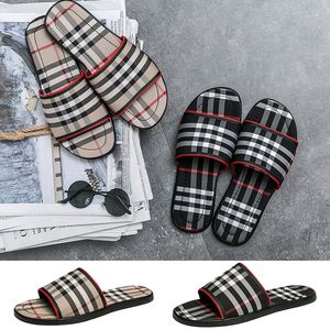 Luxury Grid pattern slipper Men Brand designer Slides Summer Beach Flat Sandals Slippers black Khaki outdoor Indoor Flip Flops