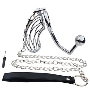 Male penis lock metal chastity device with anal hook intruder cock cage SM bondage sex toys for men