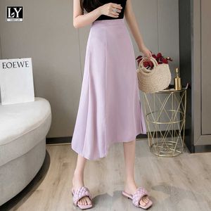 LY VAREY LIN Spring Summer Women Casual Solid Color Loose Medium Long Skirt Female High Waist Split A-line Black Skirts 210526