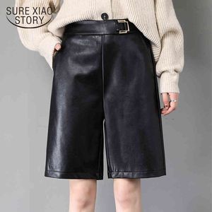 Höst Vinter PU Läder Casual Fickor Loose Wide Ben Black Biker Women High Waisted Sexy Shorts Kvinna 12134 210415