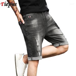 Heren jeans gescheurd gat denim shorts mannen zomer zwart grijs noodlijdende bermuda mannelijke borduurwerk ontwerper jonge korte shorts1